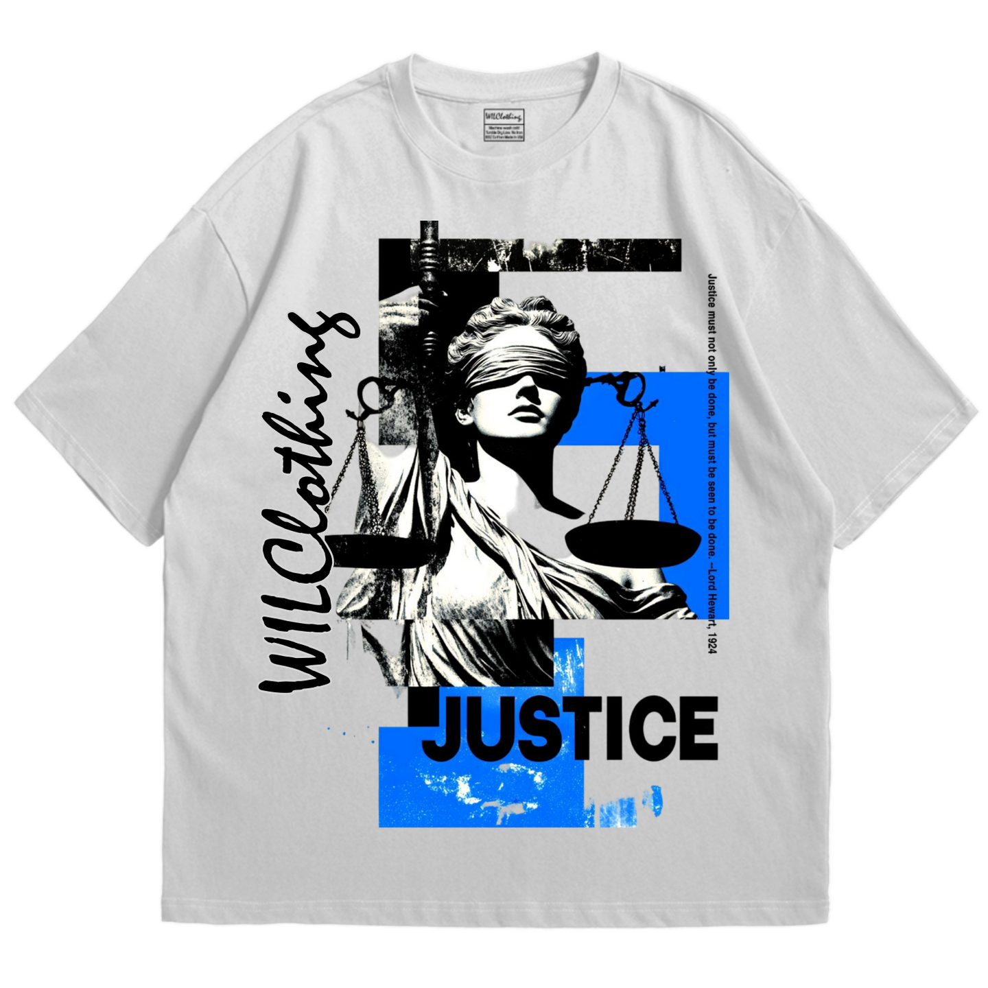 Justic Blues A powerful reimagining of Lady Justice — blindfolded, unbroken, unshaken. Set against electric blue fragments and gritty monochrome textures, this piece captures the tension between truth and perception, order and chaos. It represents the idea that justice