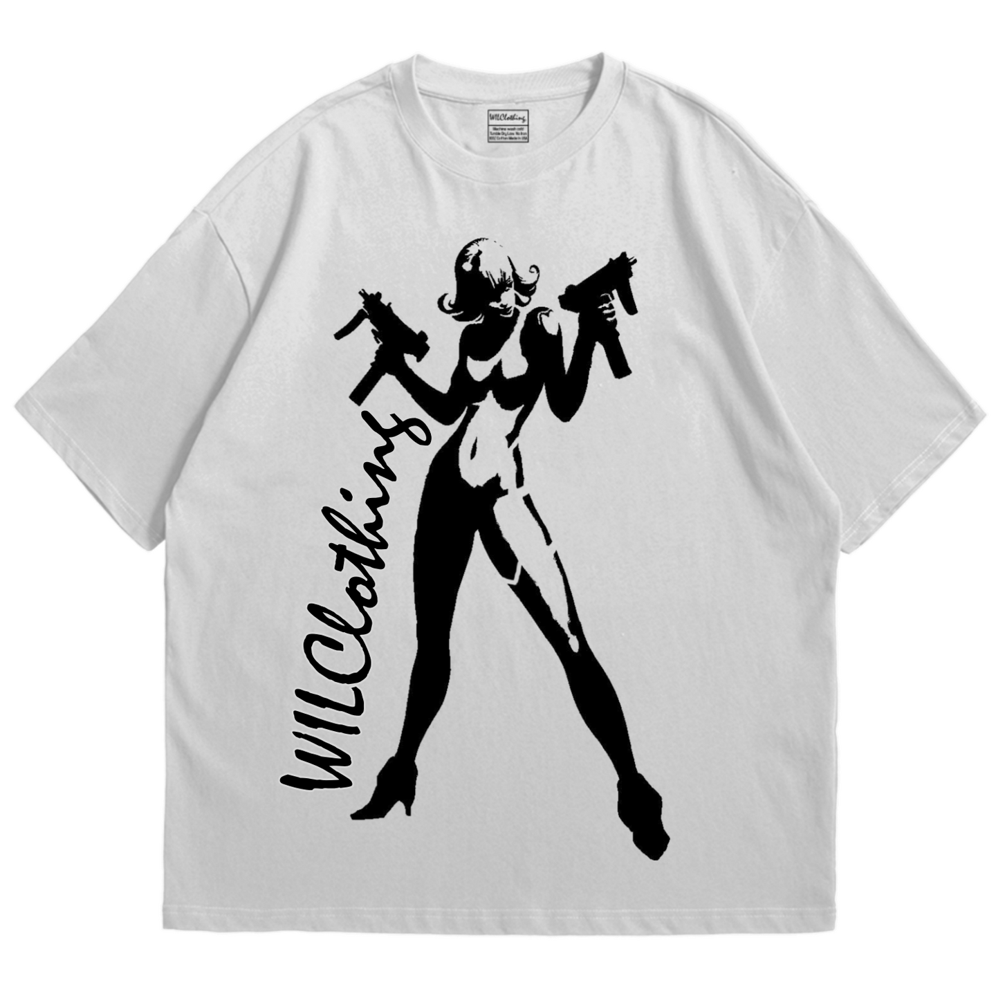Her Bang Bang A rebellious, high-contrast silhouette of a woman dual-wielding power. This design represents fearlessness, attitude, and a refusal to play small. With its raw stencil style and bold posture, the shirt embodies wild confidence — the kind that enters a room